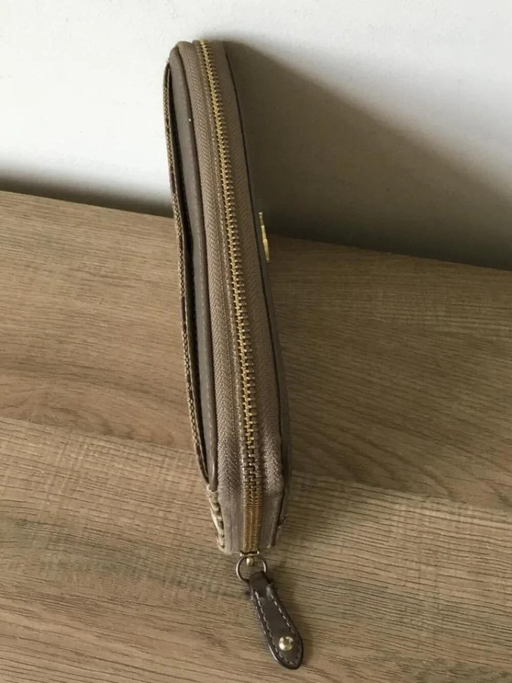 Coach Signature Zip Wallet in Tan with Pink Accent